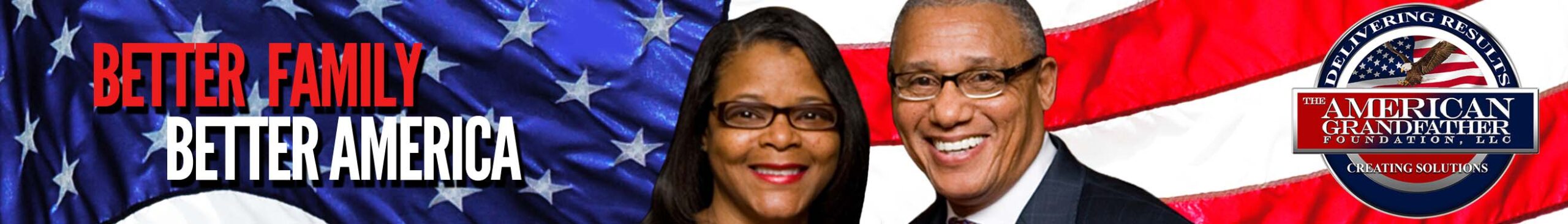 A woman with glasses and a red, white and blue flag behind her.